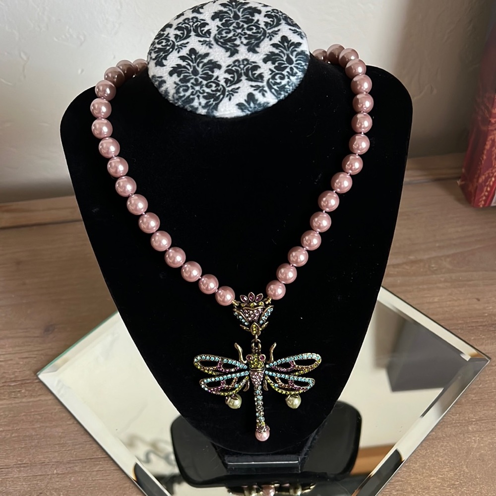Heidi Daus Dragonfly Necklace Pink and Green Pearls